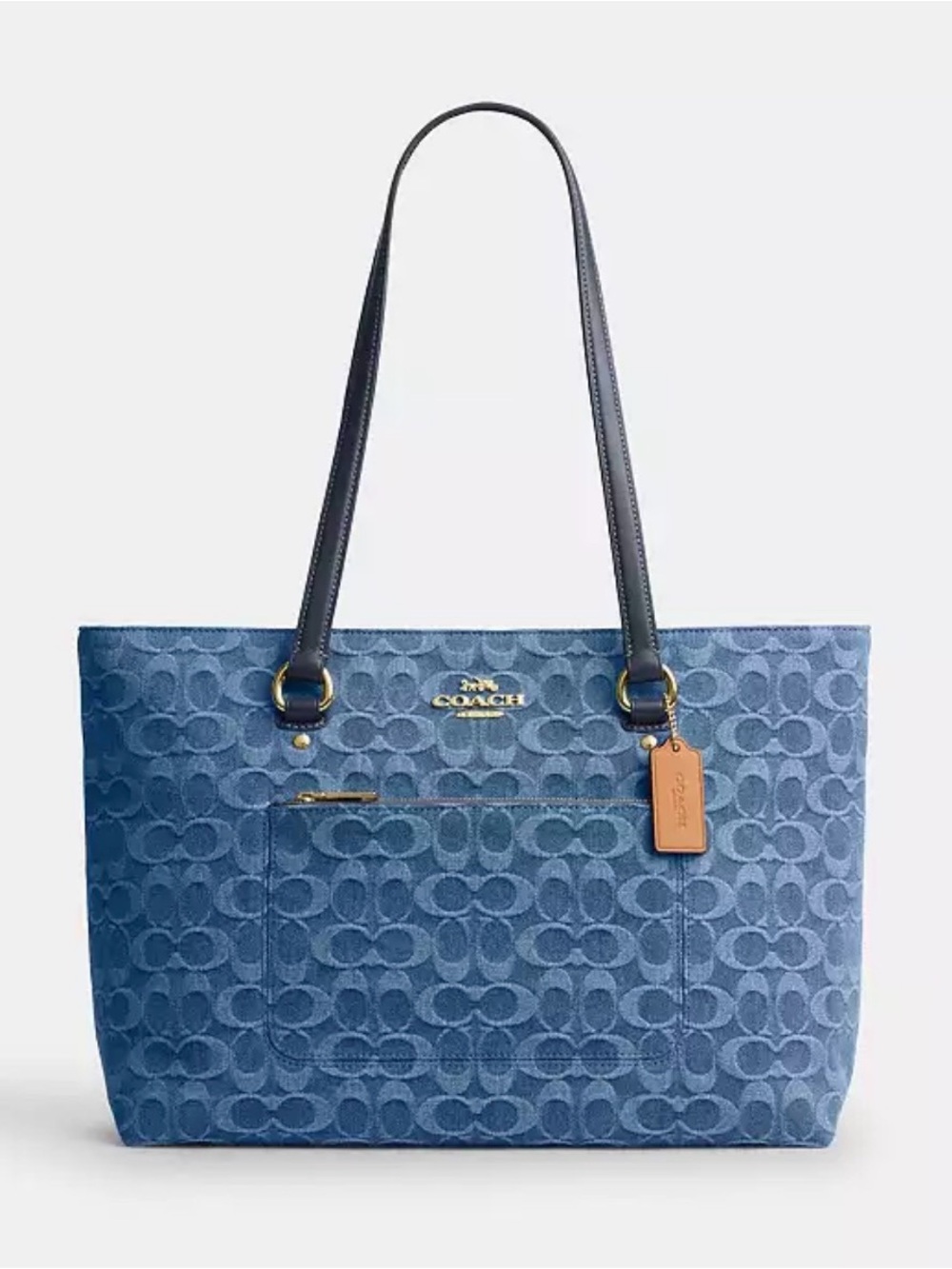Coach Blue Signature Jacquard Denim Tote with Leather Trim
